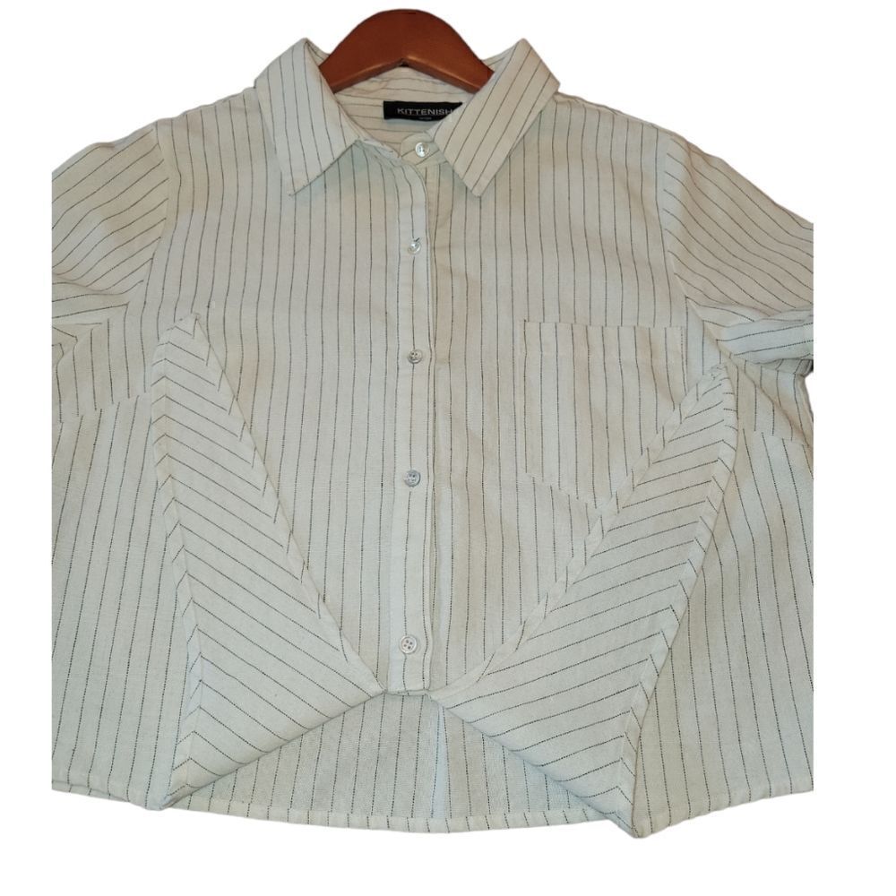 NWOT KITTENISH Short Sleeve Striped Cotton Hemp Tie Front Button Down Up Top L - Picture 4 of 14